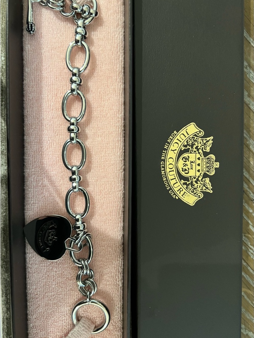 Juicy Couture Silver Heart Charm Chain Bracelet with Black Heart Tag